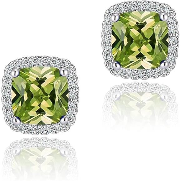 Peridot Halo Stud Earrings Cubic Zirconia Birthstone Simulated Diamond Jewelry - Picture 7 of 7